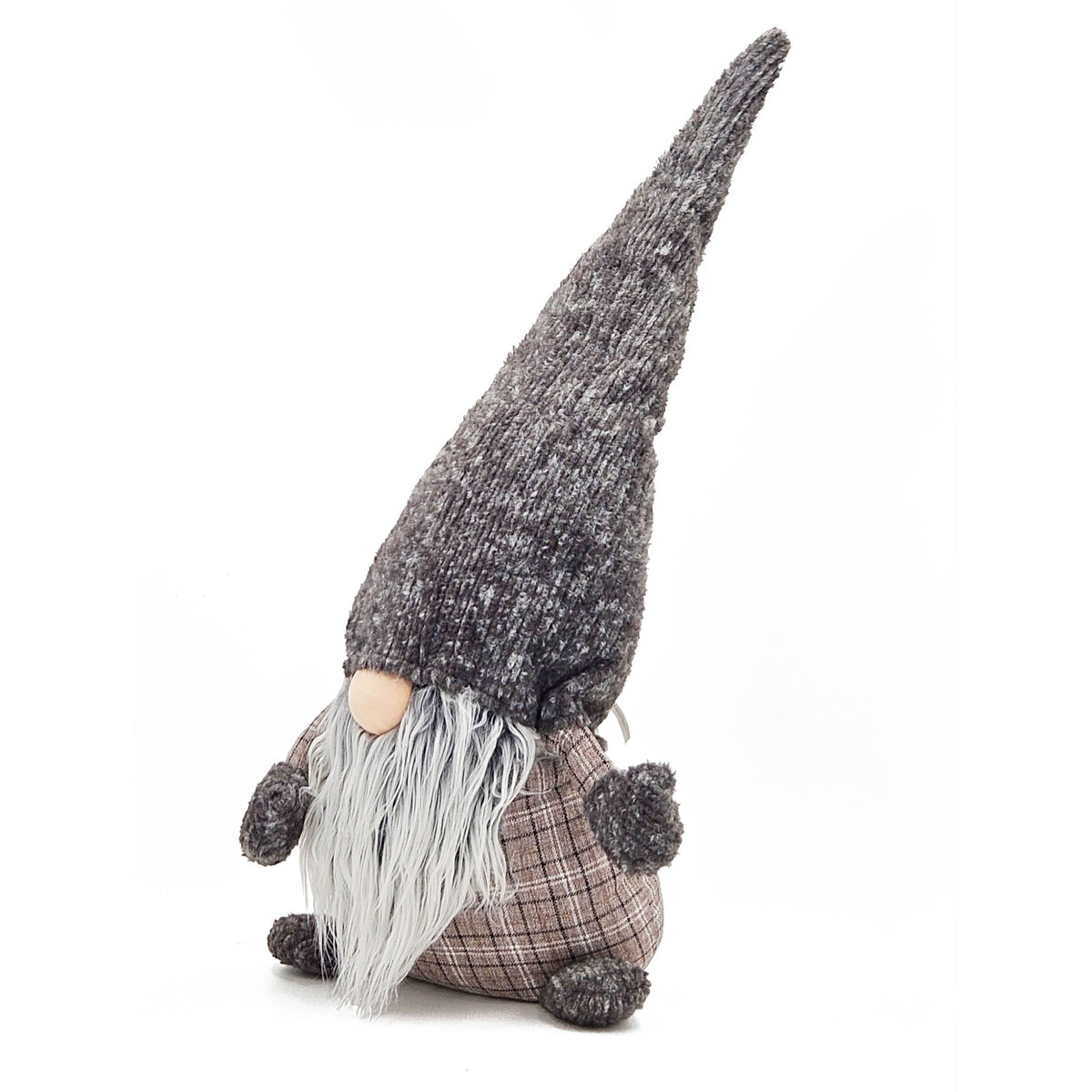 Angled view of the plaid gnome plush with its tall gray knit hat extended upward.