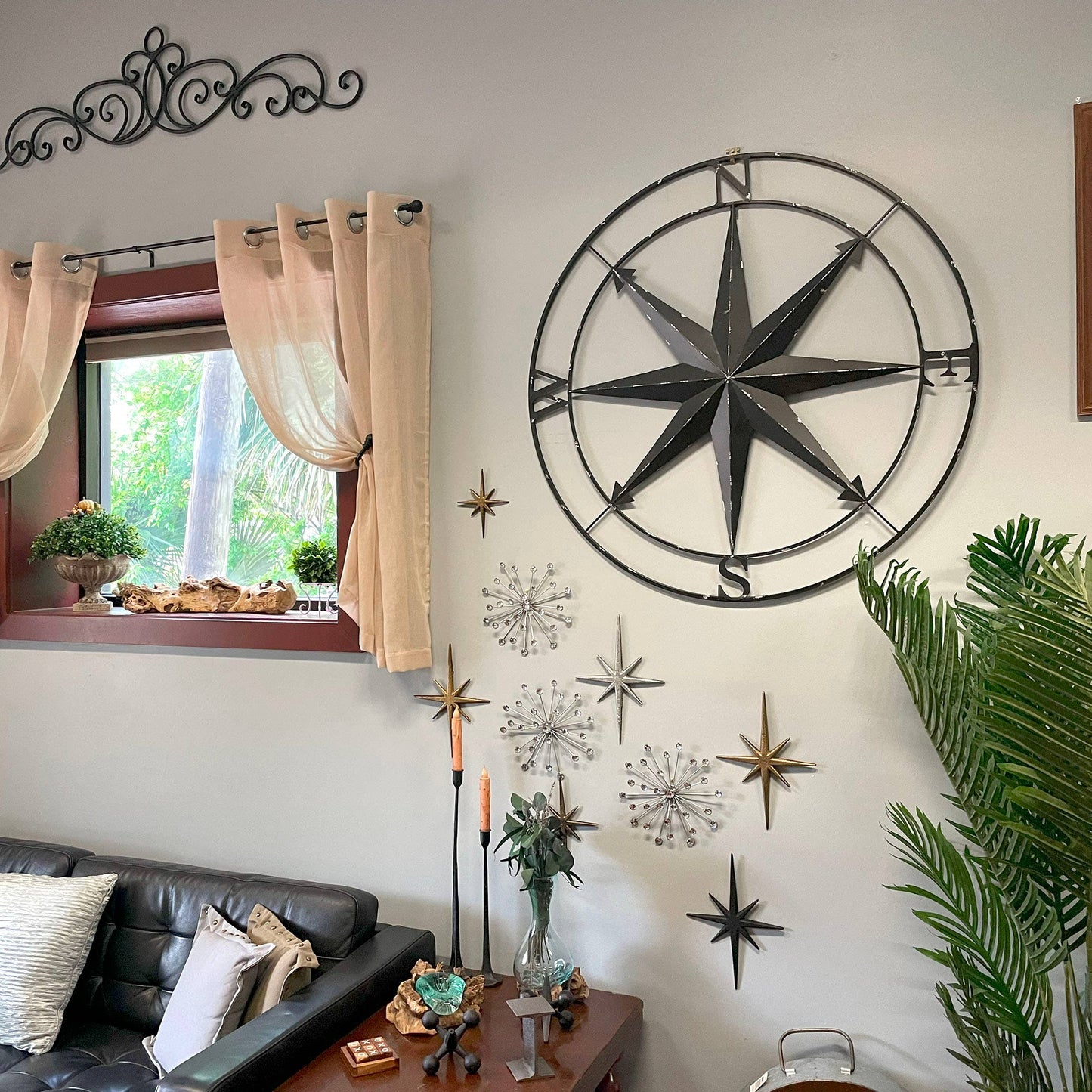 Large Black Metal Compass Wall Art