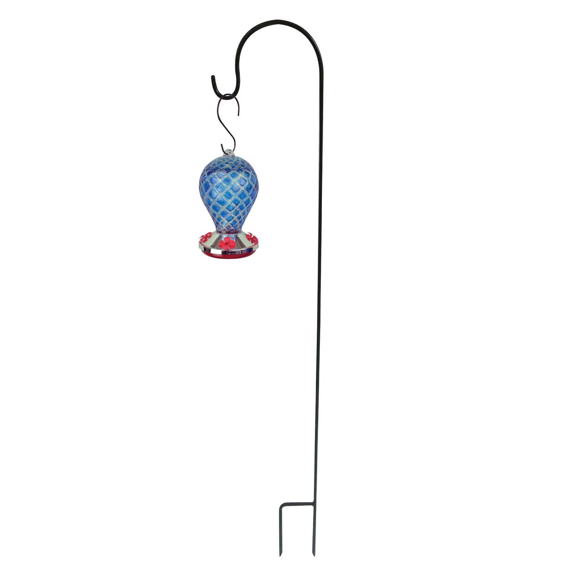 Black metal shepherd's hook garden stake with blue glass hummingbird feeder on white background — hook only