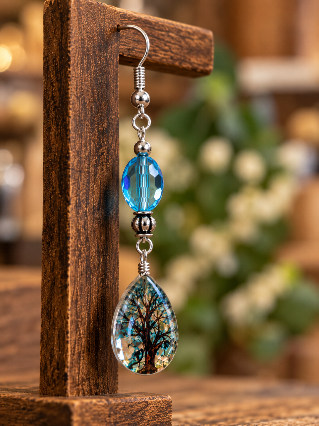 Close-up of a teal glass bead earring with a colorful tree teardrop pendant hanging from a wooden stand