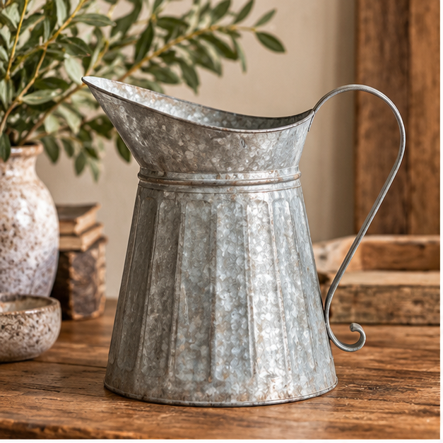 Empty galvanized metal milk pitcher with a fluted body, wide spout, and curved handle with a curled end