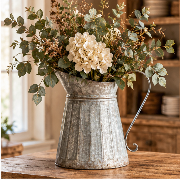 Galvanized metal milk pitcher displaying white flowers and leafy stems on a wooden table