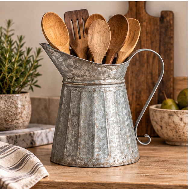 Decorative galvanized metal pitcher used as a wooden spoon and utensil holder in a rustic kitchen setting