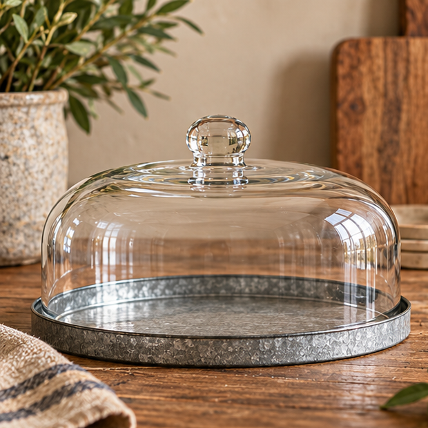 Empty clear glass cake dome with a round glass knob and metal base on a wooden table