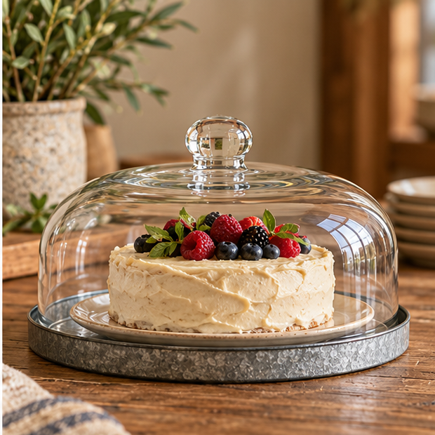 Clear glass dessert cloche with metal base covering a berry-topped cake on a plate on a rustic wooden table