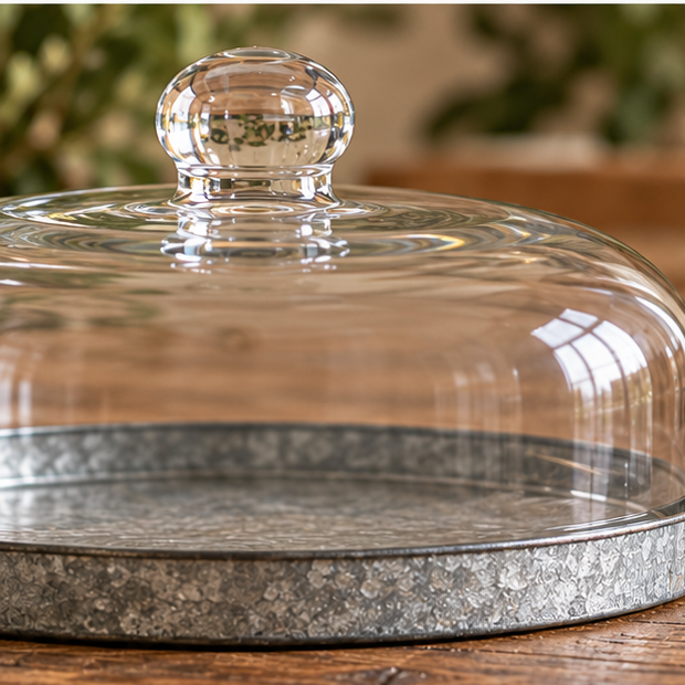 Close-up of the dessert cloche’s round glass knob, curved dome, and textured metal base