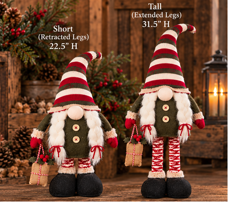 Braided Beard Christmas gnome shown with telescoping legs retracted at 22.5 inches and extended at 31.5 inches in a rustic holiday setting