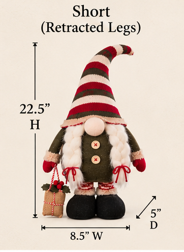 Braided Beard Christmas gnome with retracted legs and dimensions marked 22.5 inches high, 8.5 inches wide, and 5 inches deep