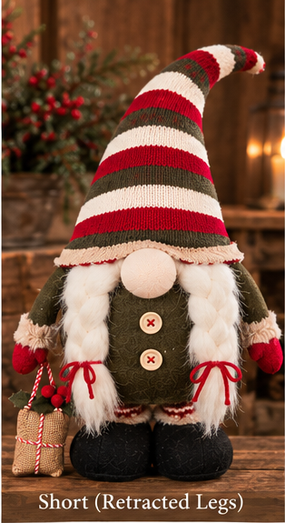 Braided Beard Christmas gnome with retracted legs, a striped hat, green outfit, and hanging burlap gift