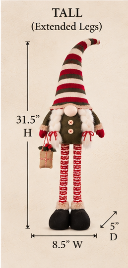 Braided Beard Christmas gnome with extended legs and dimensions marked 31.5 inches high, 8.5 inches wide, and 5 inches deep