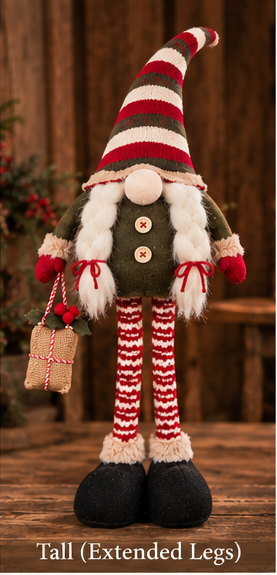 Braided Beard Christmas gnome with extended red-and-white striped legs and black boots