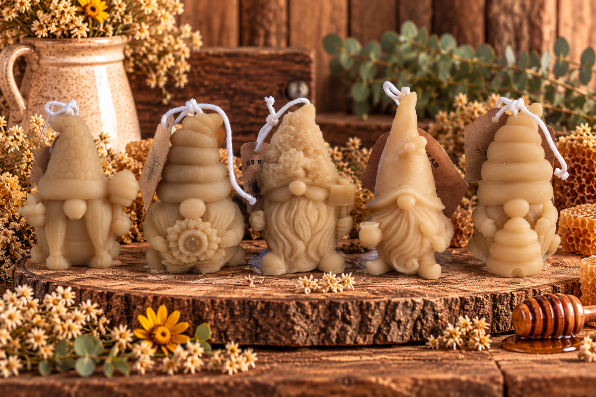 Five handmade beeswax gnome candles in different honey-themed designs displayed on a rustic wood slice