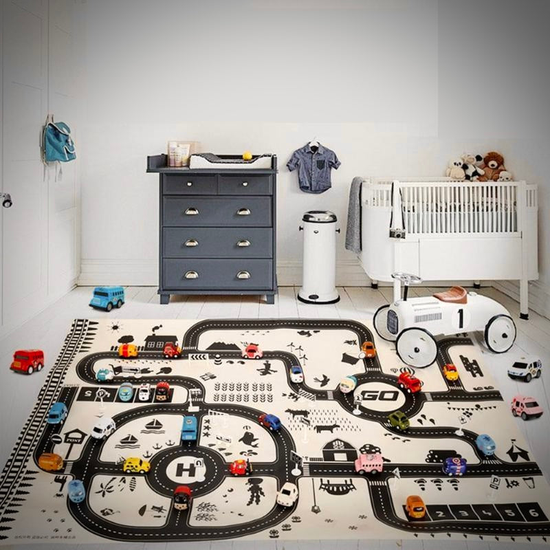 Cartoon city map baby play mat with colorful roads, parks, and buildings for imaginative toddler play and tummy time