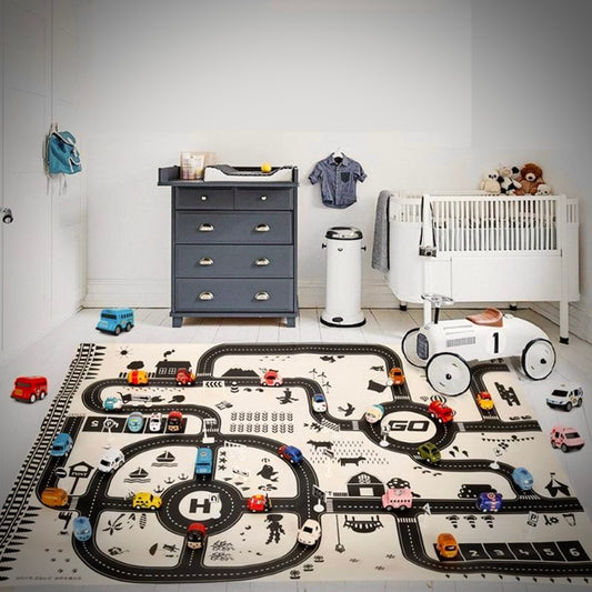 Cartoon city map baby play mat with colorful roads, parks, and buildings for imaginative toddler play and tummy time