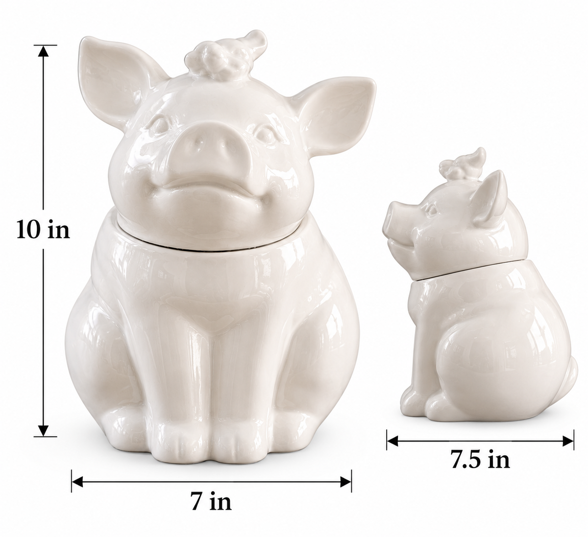 Piglet cookie jar dimension guide showing a 10-inch height, 7-inch width, and 7.5-inch front-to-back length.