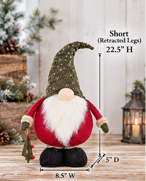 Tree Gift Christmas gnome with retracted legs and dimensions marked 22.5 inches high, 8.5 inches wide, and 5 inches deep