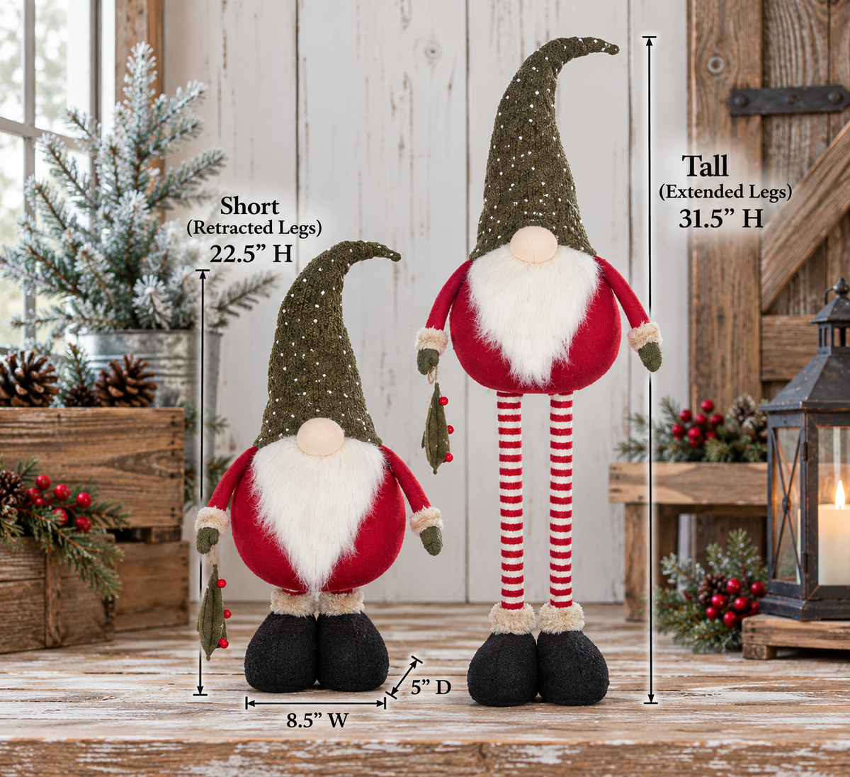 Tree Gift Christmas gnome comparison with heights marked 22.5 inches retracted and 31.5 inches extended, 8.5 inches wide, and 5 inches deep