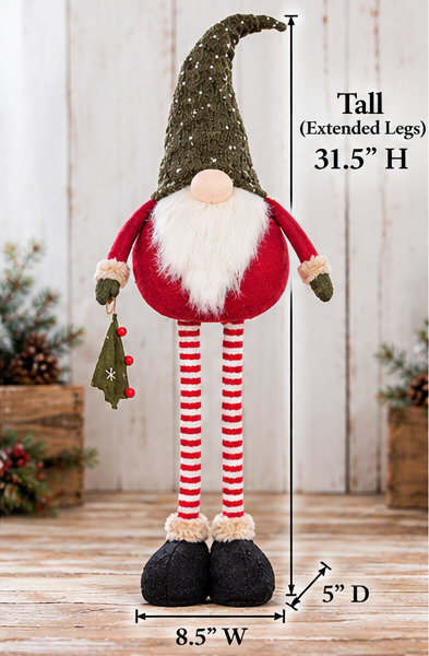 Tree Gift Christmas gnome with extended legs and dimensions marked 31.5 inches high, 8.5 inches wide, and 5 inches deep