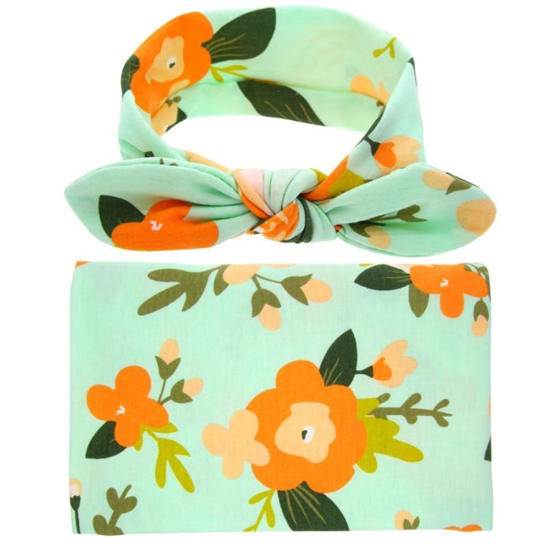 100% Organic Cotton Baby Swaddle Wrap With Headband - Multiple Designs