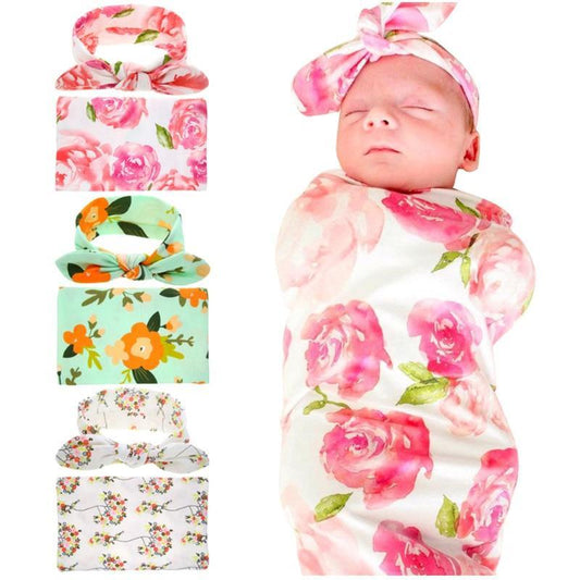 100% Organic Cotton Baby Swaddle Wrap With Headband - Multiple Designs