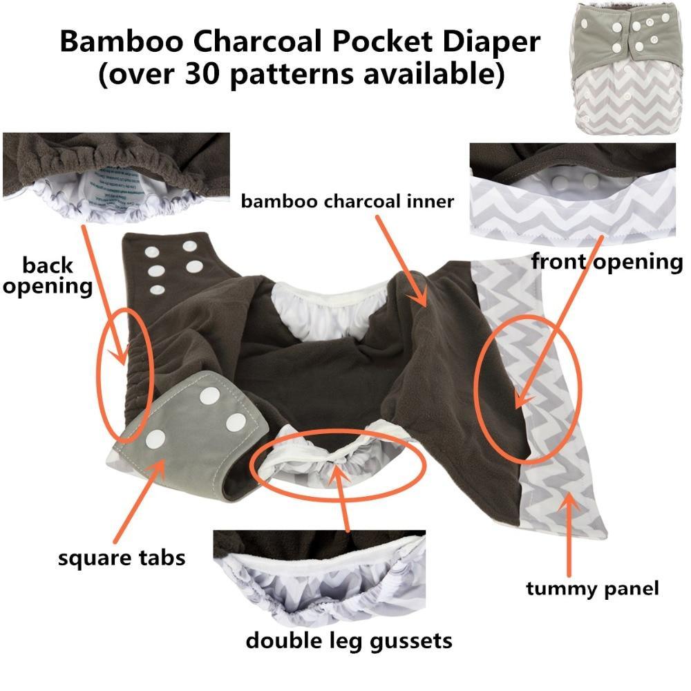Charcoal Bamboo Reusable Baby Cloth Diapers - Double Gusset, Washable Nappies - Multiple Designs