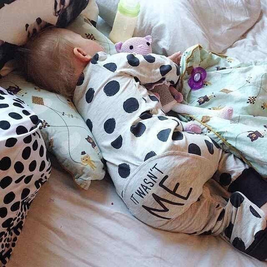 "It Wasn't Me" Purple Polka Dot Cotton Baby Jumpsuit | Long Sleeve