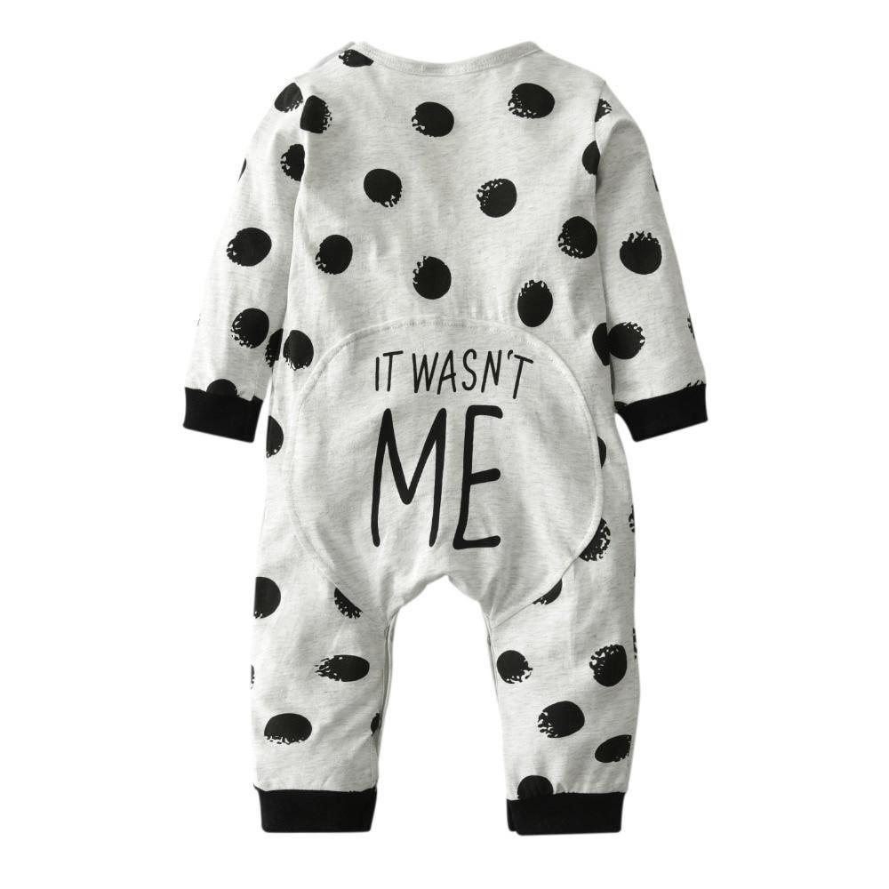 "It Wasn't Me" Purple Polka Dot Cotton Baby Jumpsuit | Long Sleeve