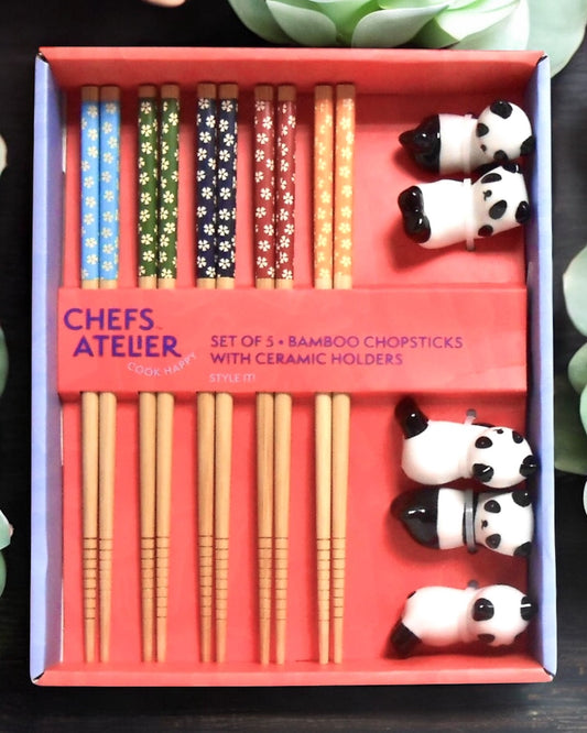 Bamboo Chopsticks with Ceramic Panda Holders (set of 5)