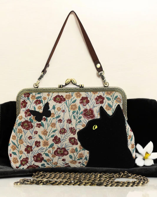 Floral Black Cat Kisslock Bag