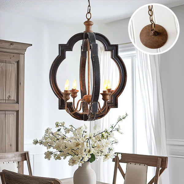 Rustic farmhouse bird cage pendant lamp in distressed metal finish with three candelabra bulb holders, hanging by decorative chain full view
