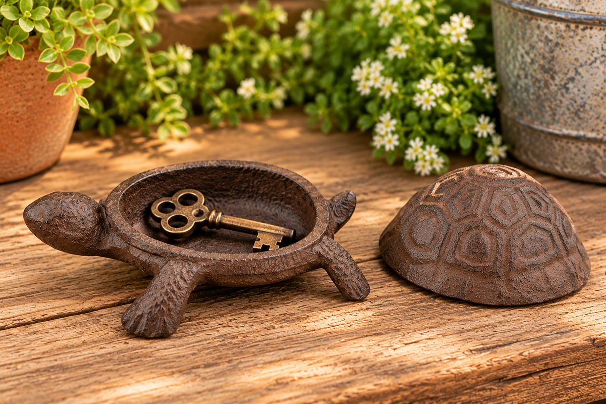 Cast iron turtle trinket box with its shell lid removed, revealing a hidden compartment holding a decorative key.
