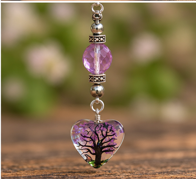 Close-up of a faceted purple glass bead, silver-toned spacers, and a heart pendant with a black branching tree design