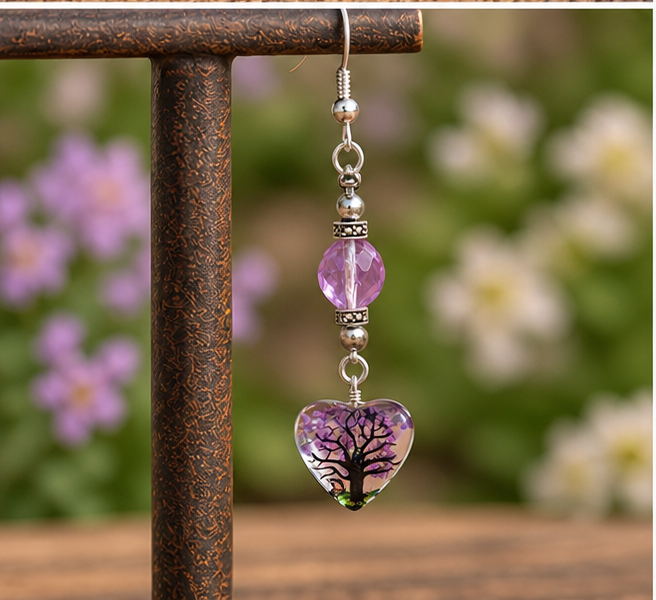 Purple glass bead earring with a tree heart pendant hanging from a rustic jewelry stand against a blurred floral background