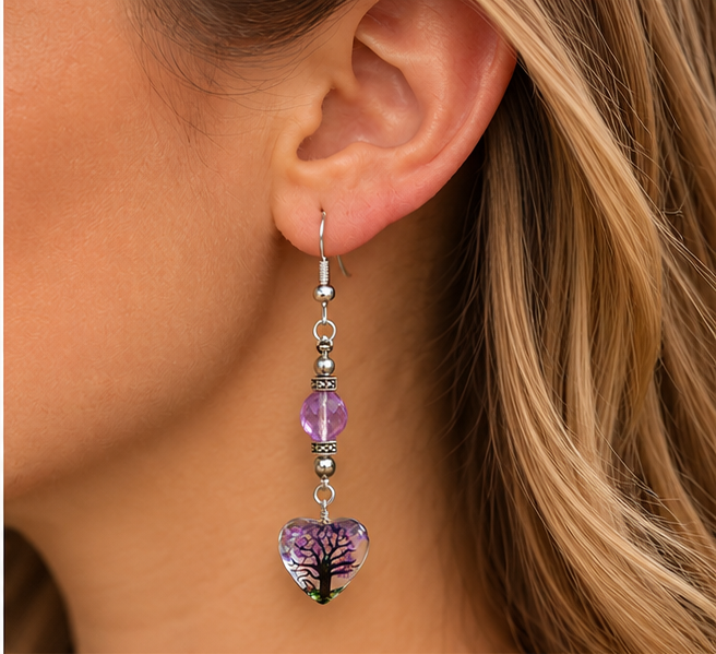 Woman wearing a purple glass bead dangle earring with a tree heart pendant and sterling silver hook