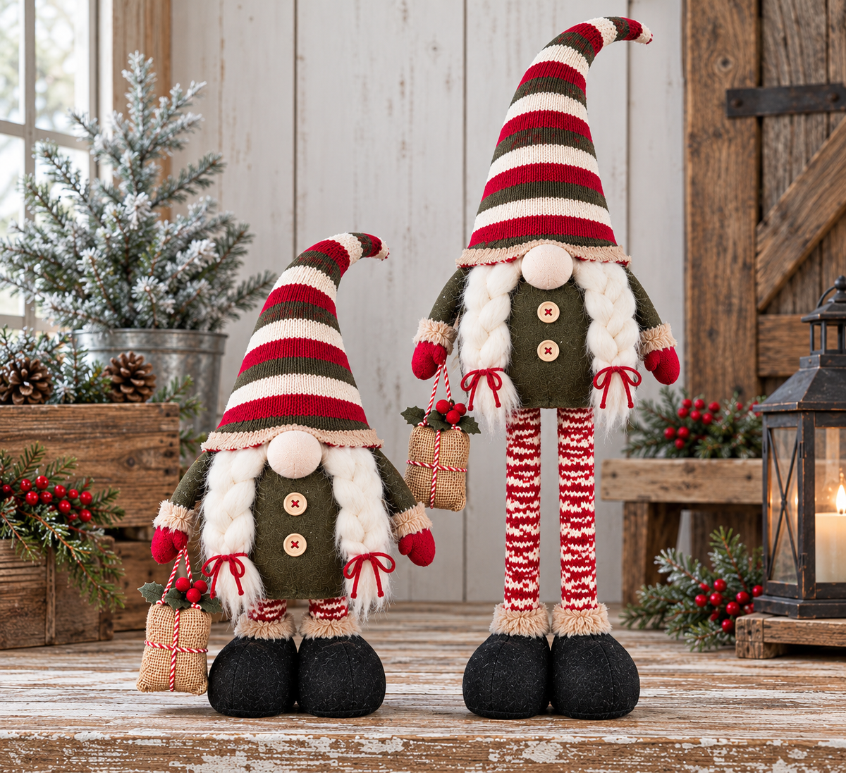 Braided Beard Christmas gnome shown with telescoping legs retracted and extended on rustic wood beside a frosted tree, evergreen sprigs, red berries, and a lantern