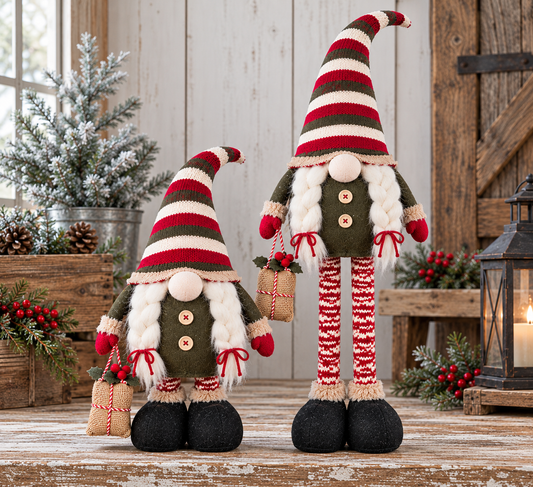 Braided Beard Christmas gnome shown with telescoping legs retracted and extended on rustic wood beside a frosted tree, evergreen sprigs, red berries, and a lantern