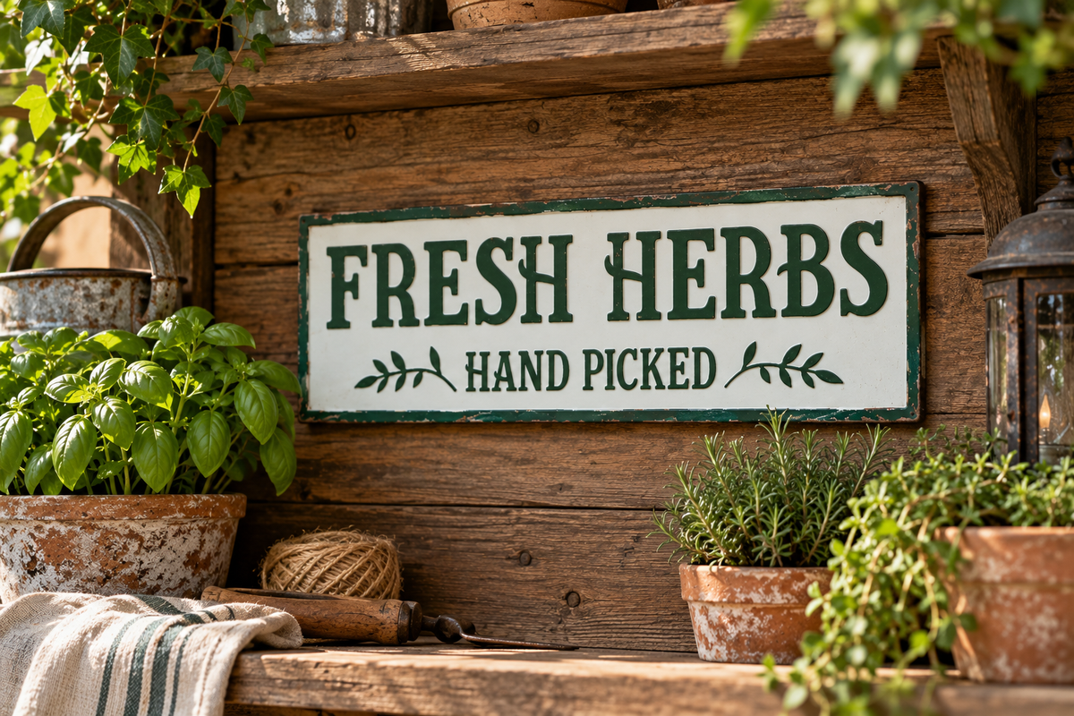 Green-and-white Fresh Herbs Hand Picked metal sign displayed on a rustic wooden wall above potted herbs.