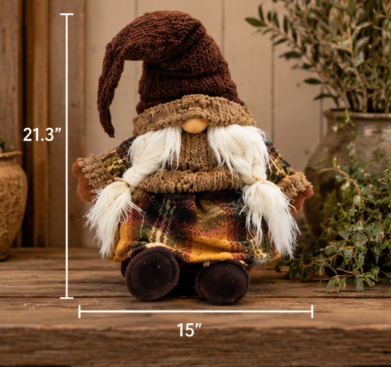 Rustic Harvest Gnome Plush on a wooden tabletop with measurements marked 21.3 inches tall and 15 inches wide