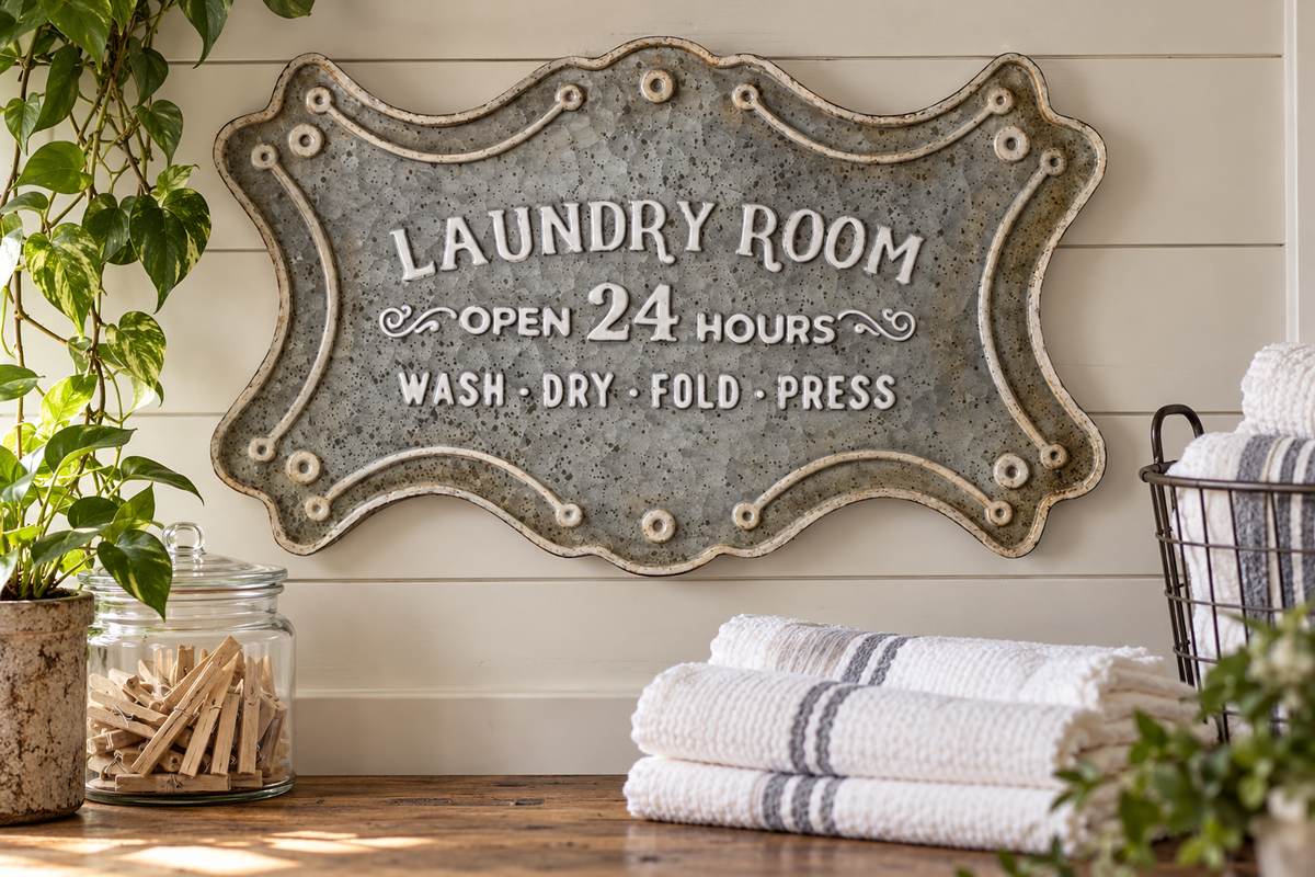Rustic metal Laundry Room sign mounted above a wooden counter with folded towels and a glass jar of clothespins
