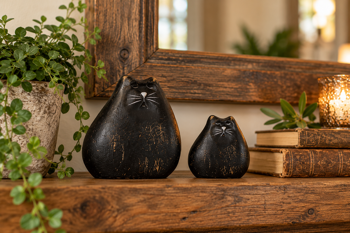 Black wooden cat figurines on a rustic mantel beside greenery, vintage books, and candlelight