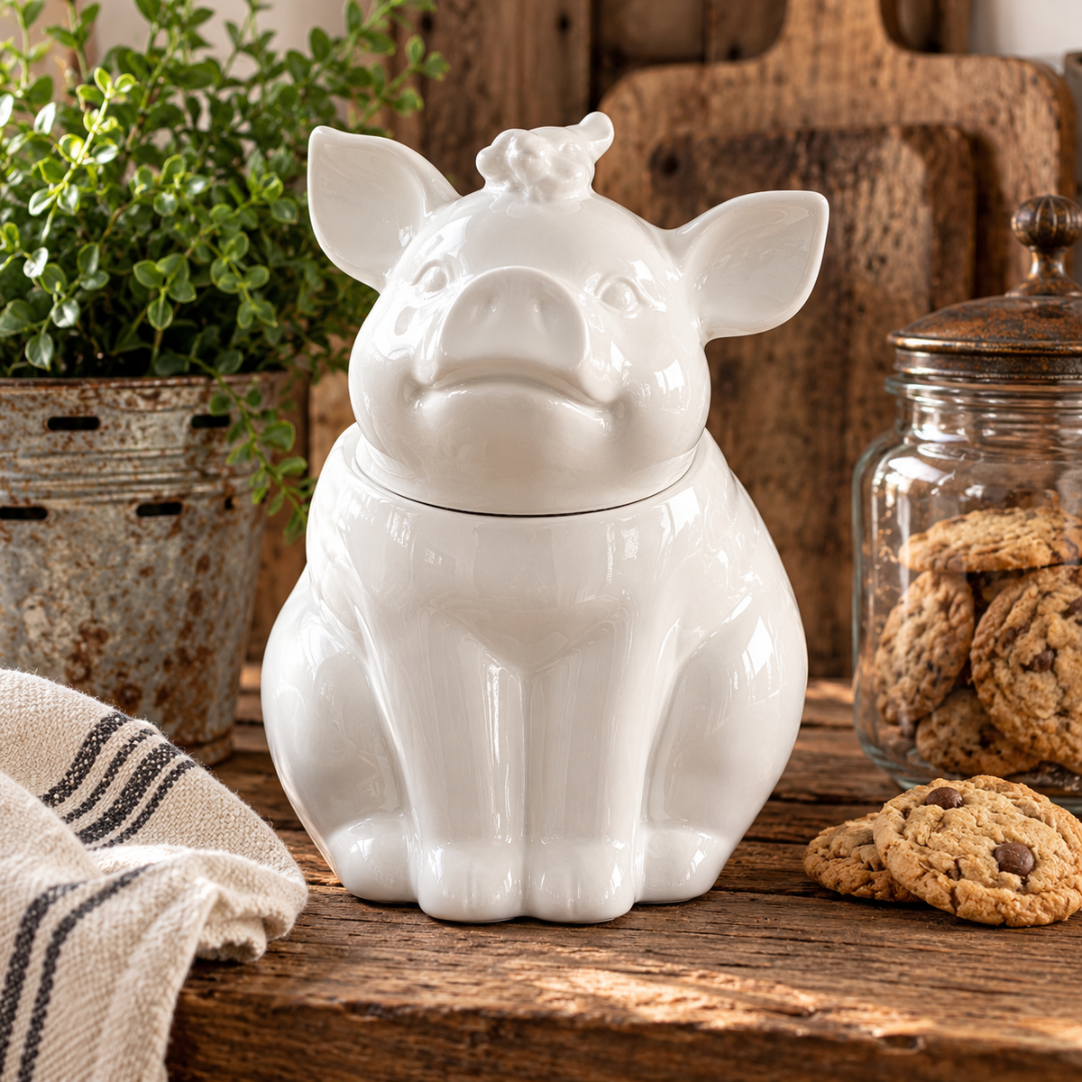 Glossy white ceramic piglet cookie jar with a bird-shaped lid handle on a rustic kitchen counter beside cookies and greenery.