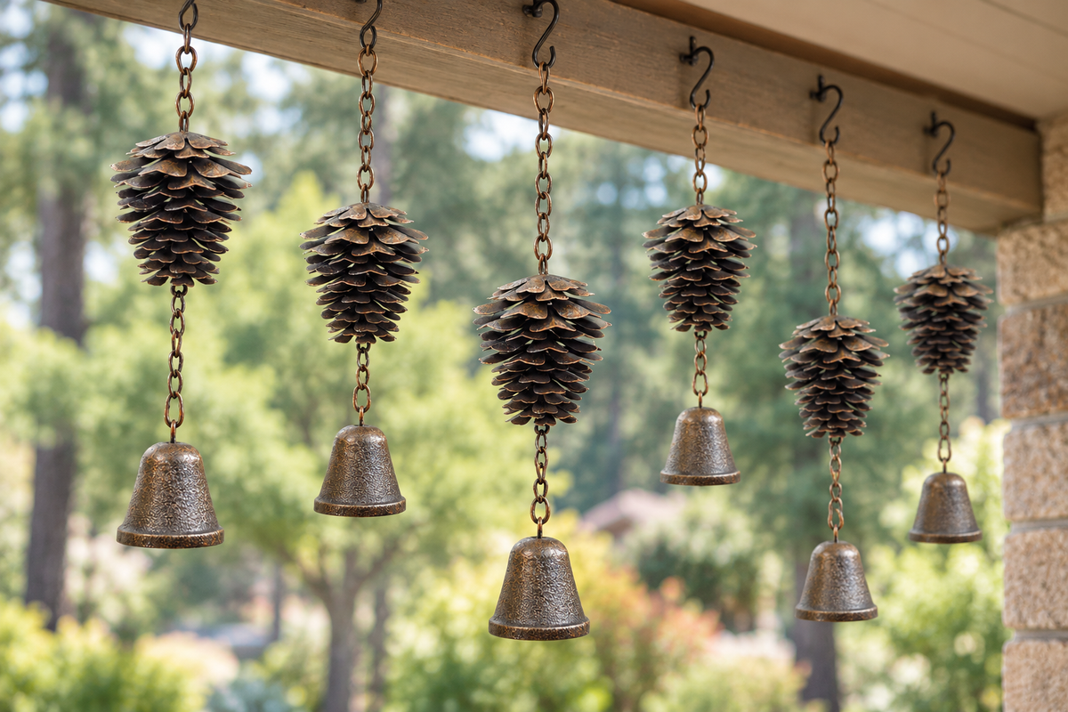 Six individual metal pine cone wind chimes with hanging bells displayed along a wooden garden porch beam.