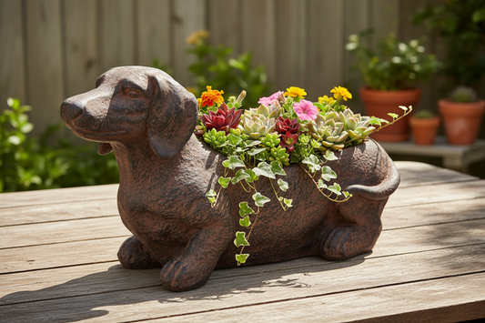 Rustic brown stone-finish dachshund dog planter in durable resin with drainage hole, filled with succulents on a farmhouse porch