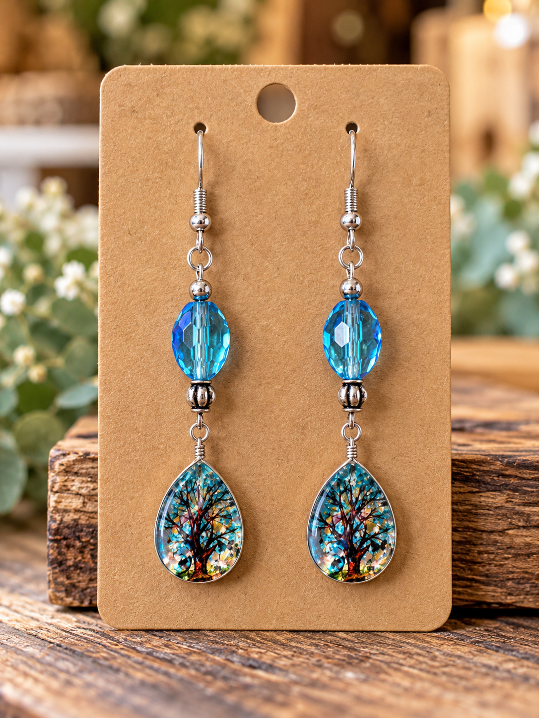 Handmade teal glass bead earrings with colorful tree teardrop pendants and sterling silver hooks displayed on a kraft card