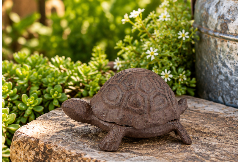 Cast iron turtle key hider on a stone garden ledge surrounded by greenery and small white flowers.