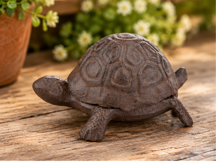 Antique brown cast iron turtle key hider with a patterned shell and textured feet on rustic wood.