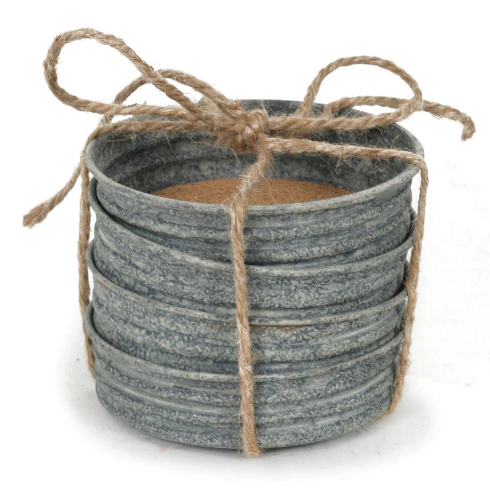 Sip Sip Hurray mason jar lid coaster set displayed on a table – 4 cork-lined coasters with cheerful waterproof print, arrives gift-ready with jute ribbon tie