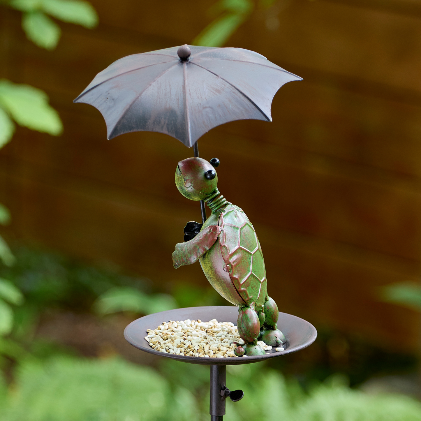 Rainy Day Turtle Bird Feeder – Whimsical Metal Garden Stake Bird Feeder with Umbrella, 53.5"