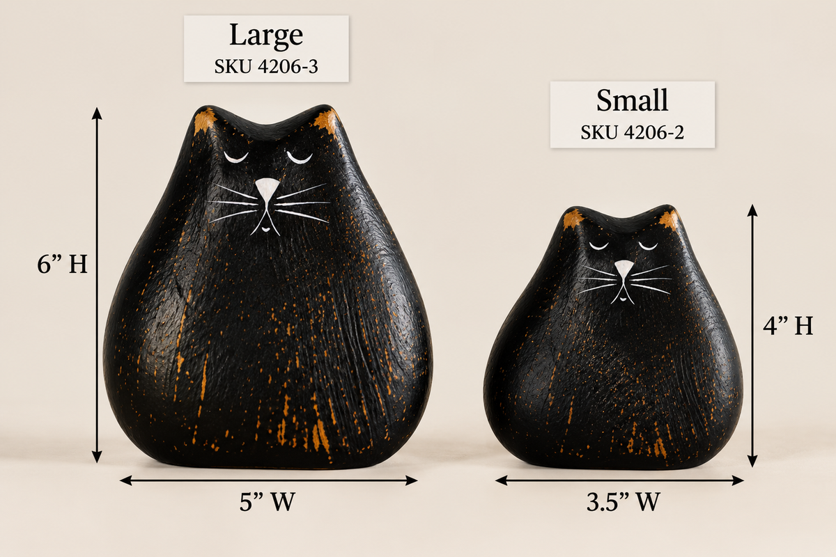 Black wooden cat size comparison showing Large at 6 inches high by 5 inches wide and Small at 4 inches high by 3.5 inches wide
