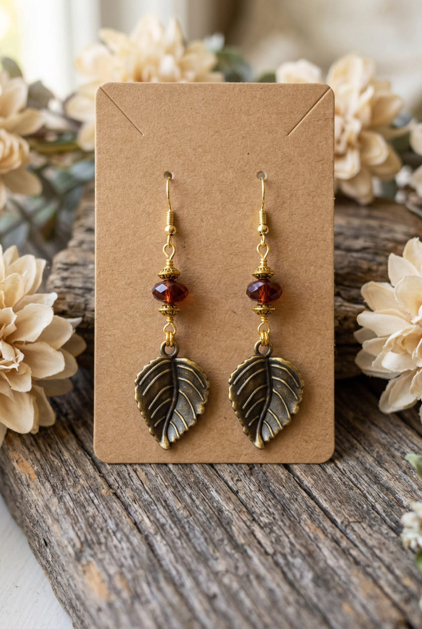 Handmade amber glass bead earrings with antiqued leaf charms, raised gold-toned veins, and decorative gold accents displayed on a kraft jewelry card